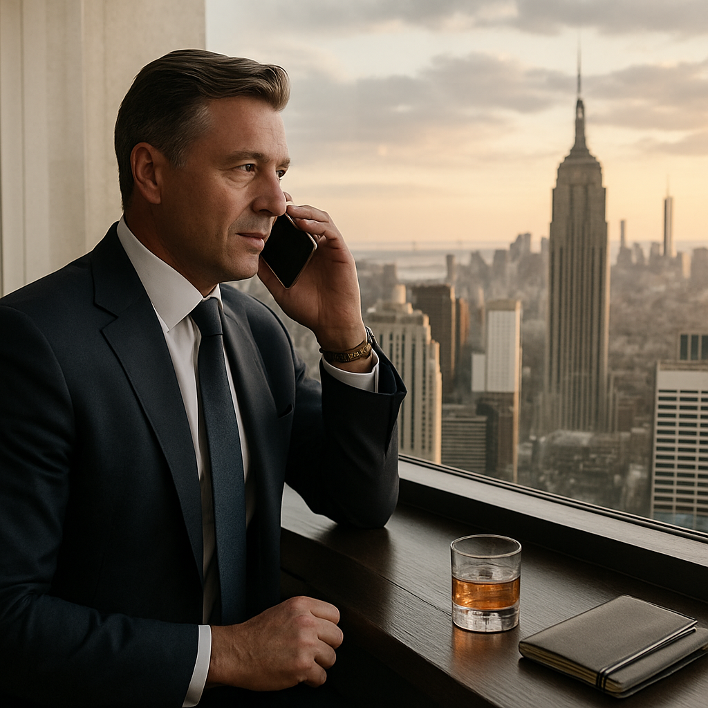 Wealthy businessperson on the phone overlooking a city skyline